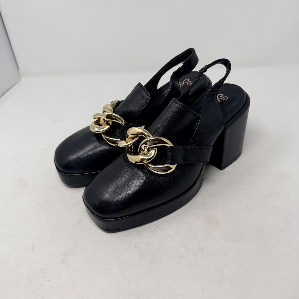 Seychelles Black Leather Gold Chain Platform Slingback Block Heel Pumps Size 8